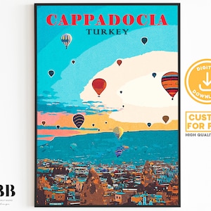 Printable Vintage Travel Poster, Cappadocia Travel Print, Hot Air Balloon Turkey Travel Gift, Retro Poster, Print Wall Art, Digital Download