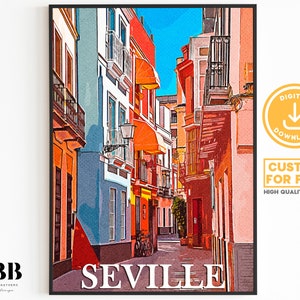 Printable Vintage Travel Poster, Seville Cityscape Travel Print, Spain Travel Gift, Retro Poster, Europe Print, Wall Art, Digital Download