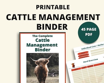 May include: Printable 45-page PDF cattle management binder with a brown Highland cow on the cover. The binder includes sections for individual cow/heifer information and herd overview.