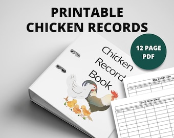 Puede incluir: Una carpeta blanca con una ilustración de un gallo y pollitos en la portada. La carpeta está etiquetada como "Chicken Record Book" y "Ink Saver Version". La carpeta está abierta para revelar un libro de registro de pollos imprimible en PDF de 12 páginas con secciones para la recolección de huevos y la descripción general del rebaño.