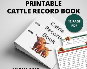 May include: Printable 12-page PDF cattle record book with a Highland cattle theme. The cover features a white binder with two ring binders and a picture of two Highland cattle. The inside pages include a section for individual cattle records and a herd overview.