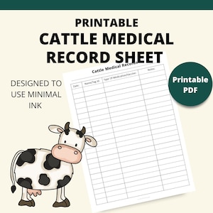 Printable Cattle Medical Records Page | Instant Download | 8.5x11 PDF| Homestead Cattle Care Tracker Sheet | Cattle Herd Tracker Minimal Ink