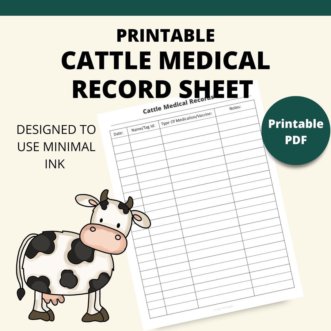 Printable Cattle Medical Records Page Instant Download 8.5x11 PDF