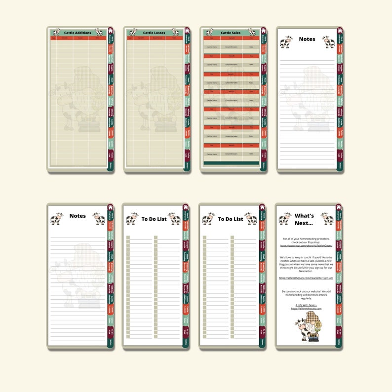 Op de afbeelding: Een printbare planner met een koe-thema. De planner bevat secties voor veetoevoegingen, vee-verliezen, veeverkoop, notities, takenlijsten en een "What's Next..."-pagina met informatie over de Etsy-winkel van de maker.