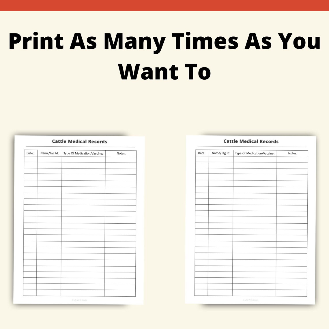 Printable Cattle Medical Records Page Instant Download 8.5x11 PDF