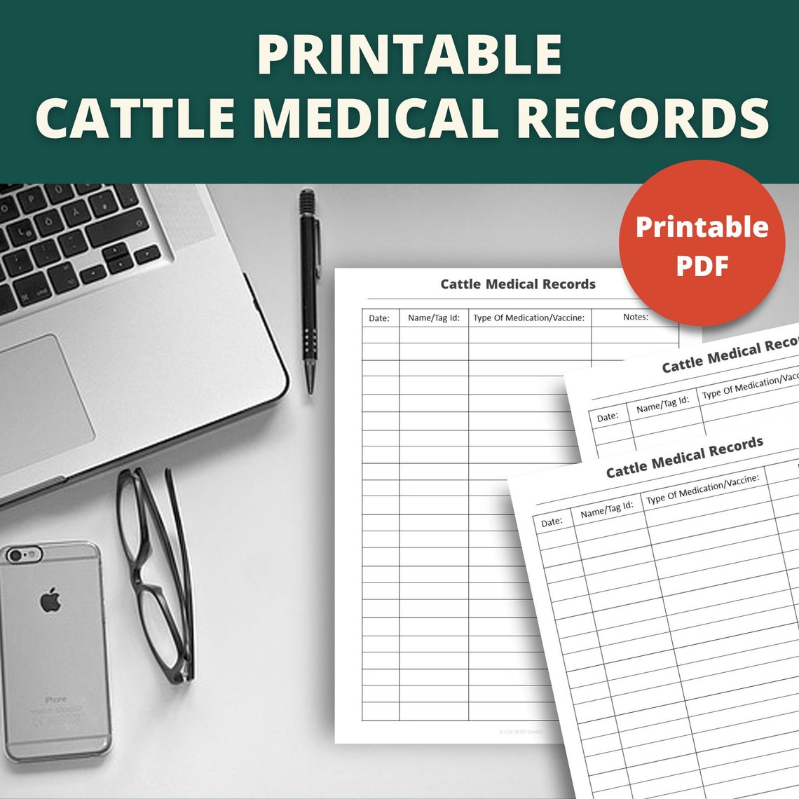 Printable Cattle Medical Records Page Instant Download 8.5x11 PDF