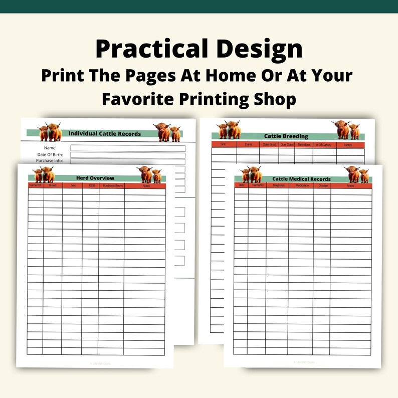 Printable Highland Cattle Theme Cattle Records Book Instant Download 8 ...