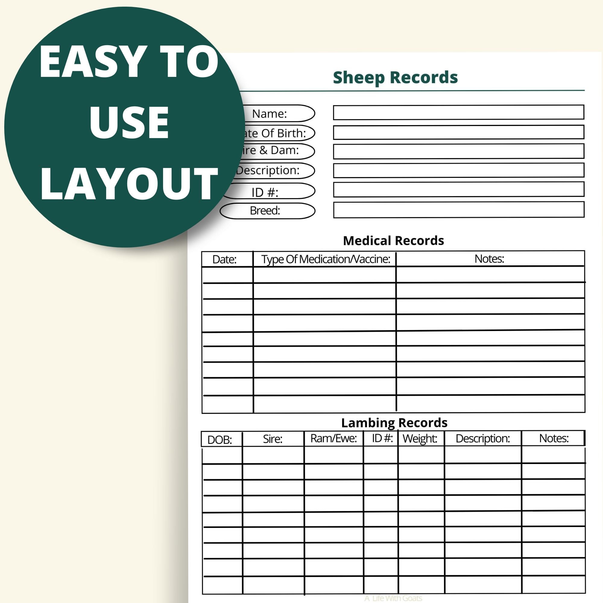 Minimal Ink Printable Sheep Records Page | Instant Download