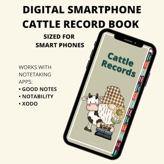 Digital Smartphone Cattle Records Book | Instant Download | Goodnotes Planner | Notability | Xodo | Hyperlinked Homestead Cow Care Tracker