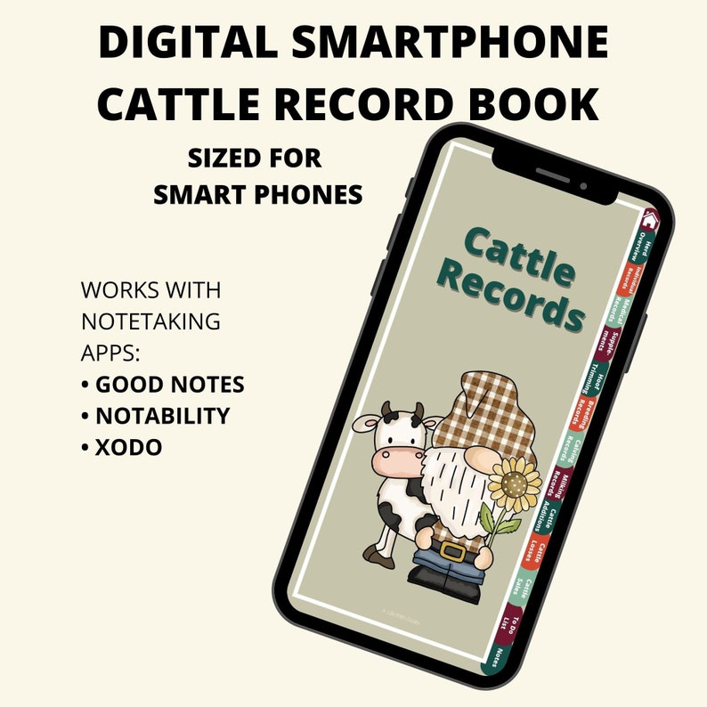 Op de afbeelding: Een digitaal rundvee-registratieboek ontworpen voor smartphones. De afbeelding toont een telefoonscherm met een cartoonkoe en een dwerg, en een lijst met categorie&euml;n voor het registreren van rundvee-informatie. De tekst "Cattle Records" wordt bovenaan het scherm weergegeven.
