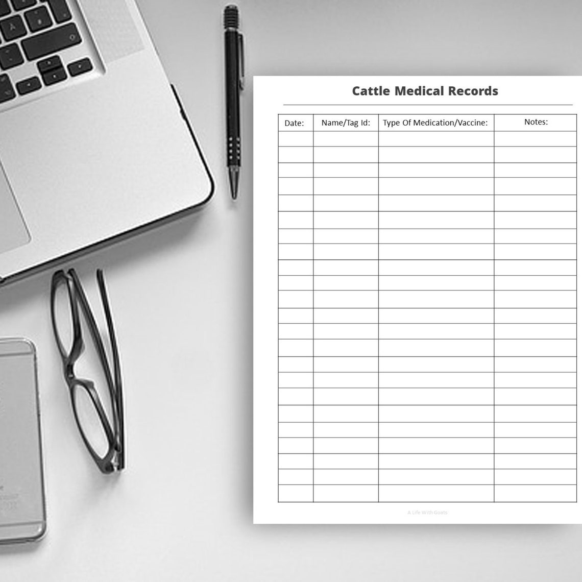 Printable Cattle Medical Records Page Instant Download 8.5x11 PDF
