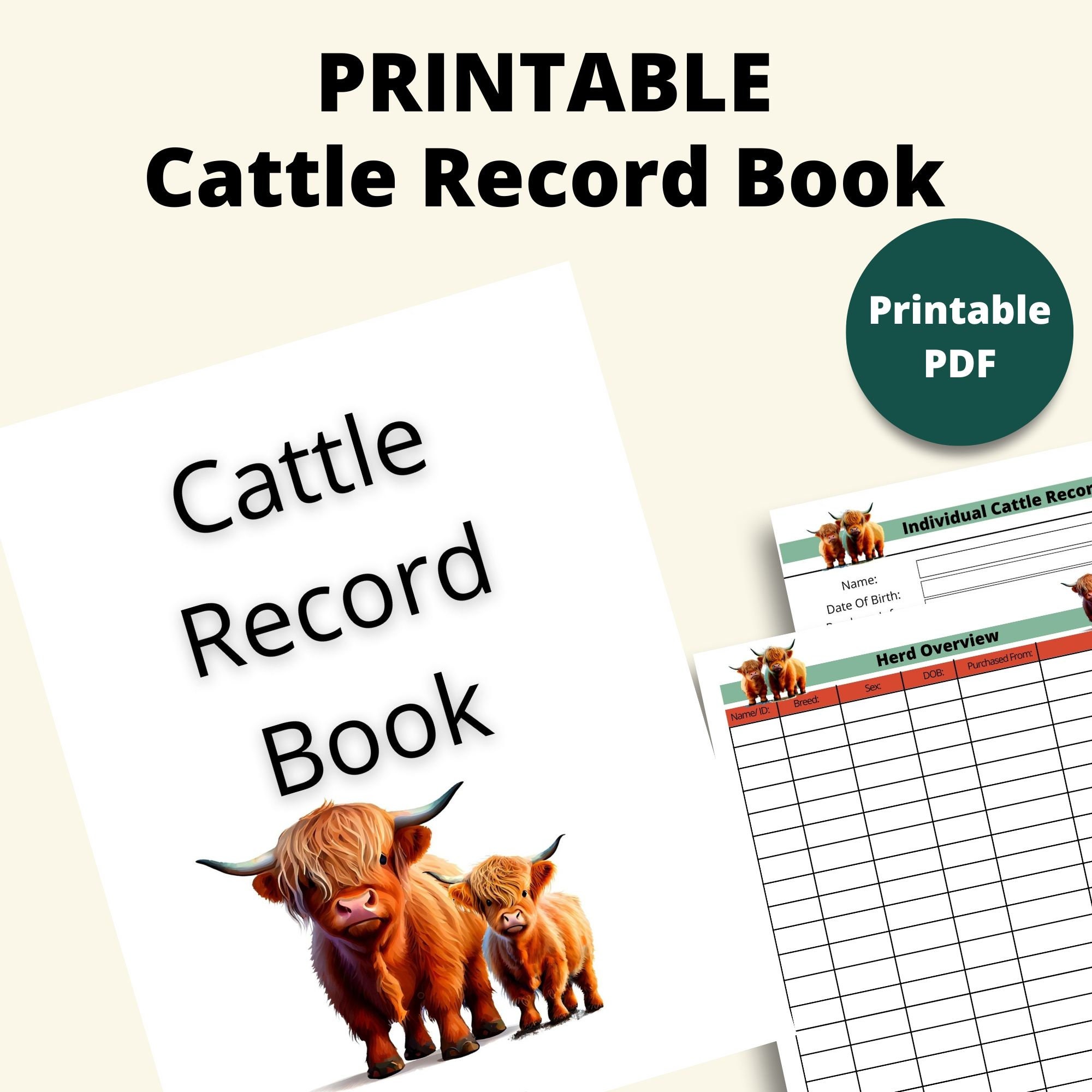 Printable Highland Cattle Theme Cattle Records Book Instant Download 8