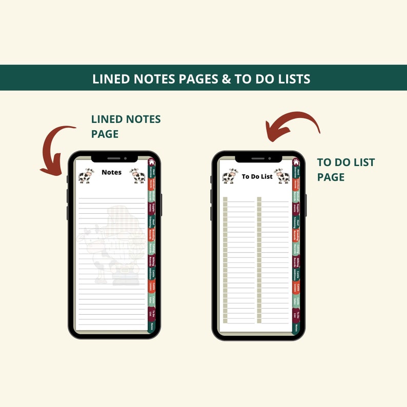 Op de afbeelding: Twee telefoon-scherm mockups die gelinieerde notitiepagina's en to-do-lijsten tonen. De linker mockup toont een gelinieerde notitiepagina met het woord "Notes" bovenaan. De rechter mockup toont een to-do-lijst met de woorden "To Do List" bovenaan. Beide mockups hebben een kleurrijke tab-scheidingsstreep aan de rechterkant.