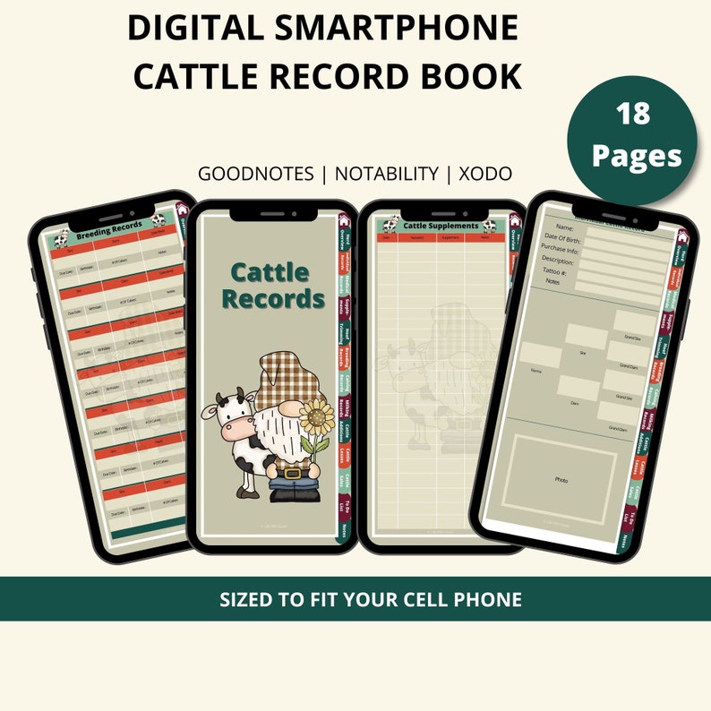 Op de afbeelding: Digitaal rundvee-registratieboek voor de apps Goodnotes, Notability en Xodo. Het boek heeft 18 pagina's en heeft een schattige cartoon-koe en dwerg op de omslag. De pagina's zijn ontworpen om te passen op een smartphone-scherm.
