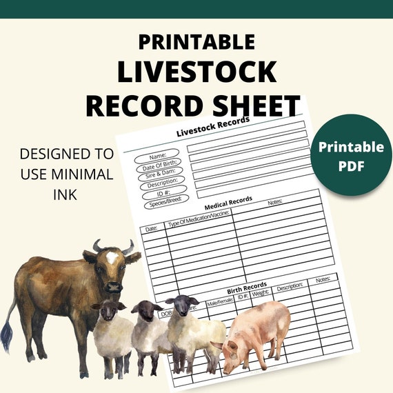 Printable Livestock Records Page | Instant Download | 8.5x11 PDF| Homestead Livestock Care Tracker Sheet | Farm Animal Tracker Minimal Ink