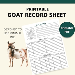 May include: Printable goat record sheet with sections for goat name, date of birth, sire and dam, description, ID number, breed, medical records, and kidding records. The sheet is designed to use minimal ink.