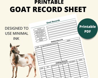 Printable Goat Records Page | Instant Download | 8.5x11 PDF| Homestead Goat Care Tracker Sheet | Minimal Ink Goat Record Sheet