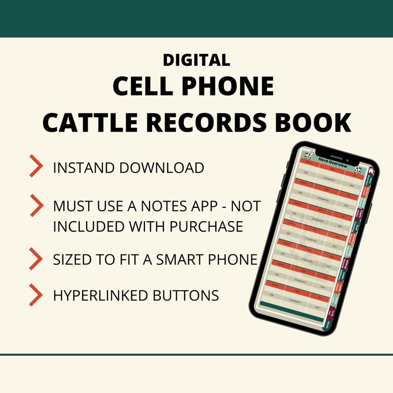 Op de afbeelding: Digitaal rundveeboek voor mobiele telefoons. De afbeelding toont een screenshot van het boek op een telefoonscherm. Het boek bevat een overzicht van de kudde, een kalender en andere functies. De tekst op de afbeelding luidt "Direct downloaden", "Moet een notitie-app gebruiken - niet inbegrepen bij aankoop", "Afmeting voor een smartphone", en "Hyperlinks".