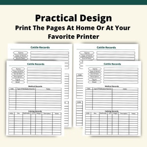 May include: Printable cattle record keeping forms. The forms include sections for cattle records, medical records, and calving records. Each section has fields for name, date of birth, sire and dam, description, tag number, breed, type of medication, notes, date of birth, sire, bull helper, ID, weight, description, and notes.