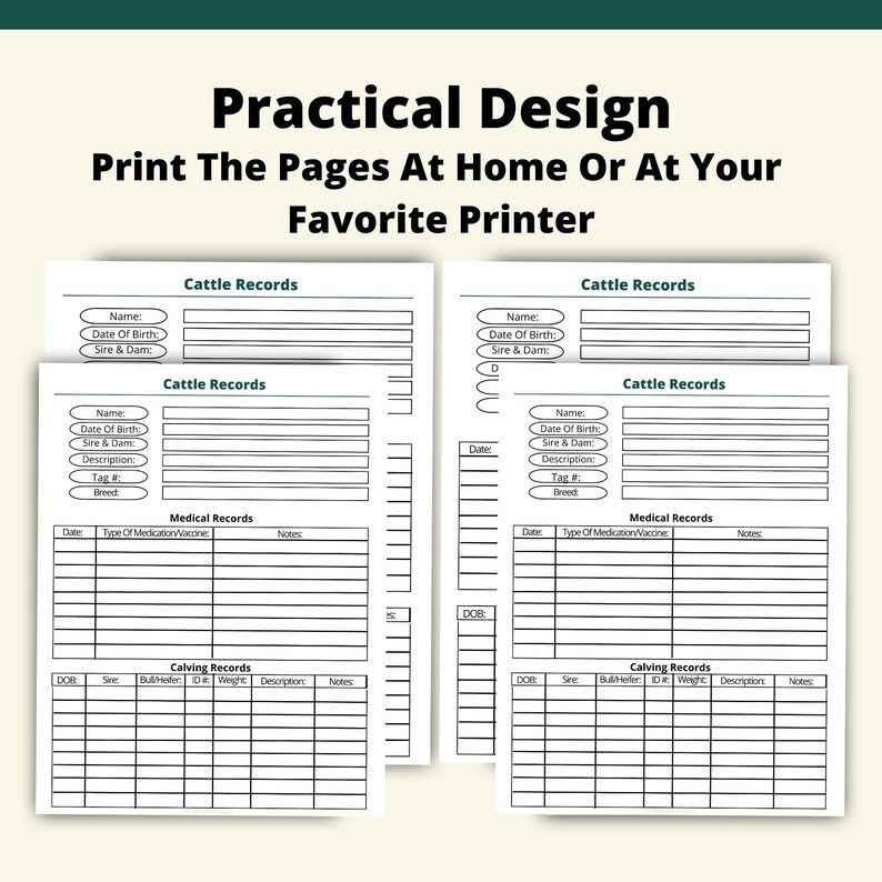 May include: Printable cattle record keeping forms. The forms include sections for cattle records, medical records, and calving records. Each section has fields for name, date of birth, sire and dam, description, tag number, breed, type of medication, notes, date of birth, sire, bull helper, ID, weight, description, and notes.