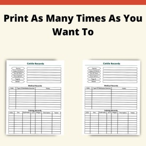May include: Printable cattle record keeping sheet with sections for cattle name, date of birth, sire and dam, description, tag number, breed, medical records, date, type of medication or vaccine, notes, calving records, date of birth, sire, bull/heifer, ID, weight, description, and notes.