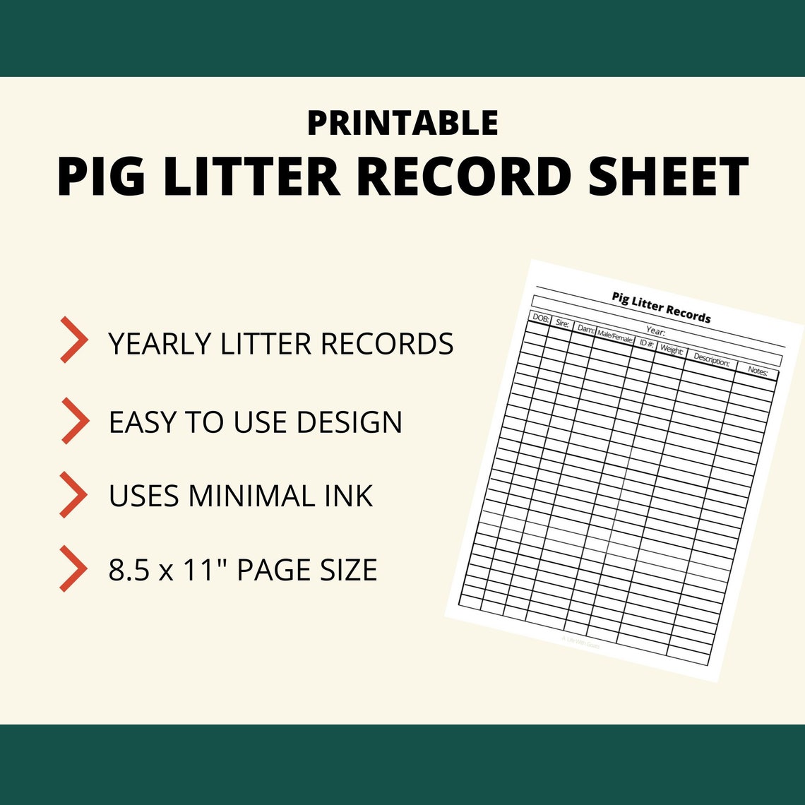 Litter Sheet.pdf Minimal Ink Printable Pig Litter Record Sheet | Instant Download | 8 ...