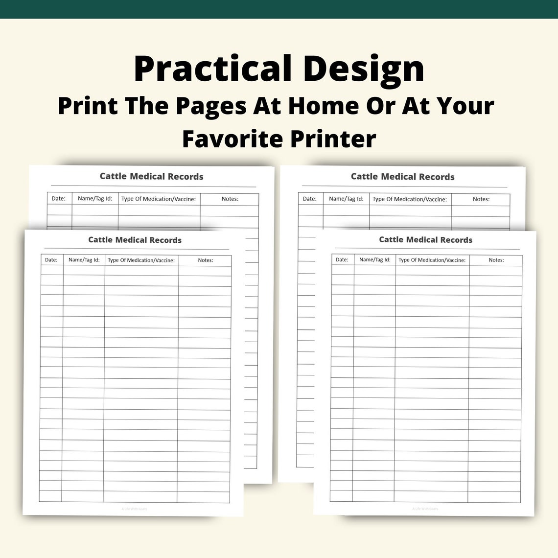 Printable Cattle Medical Records Page Instant Download 8.5x11 PDF