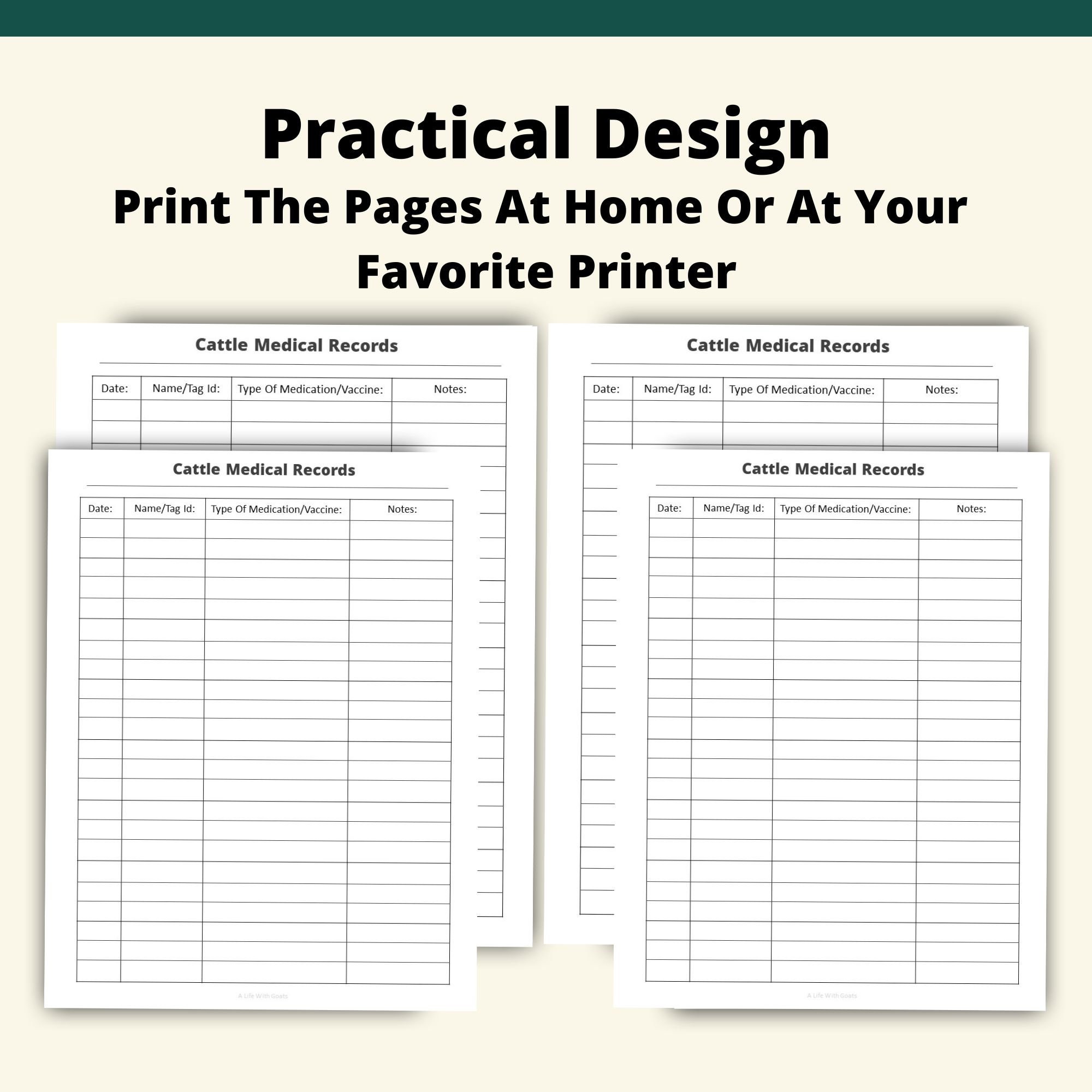 Printable Cattle Medical Records Page Instant Download 8.5x11 PDF