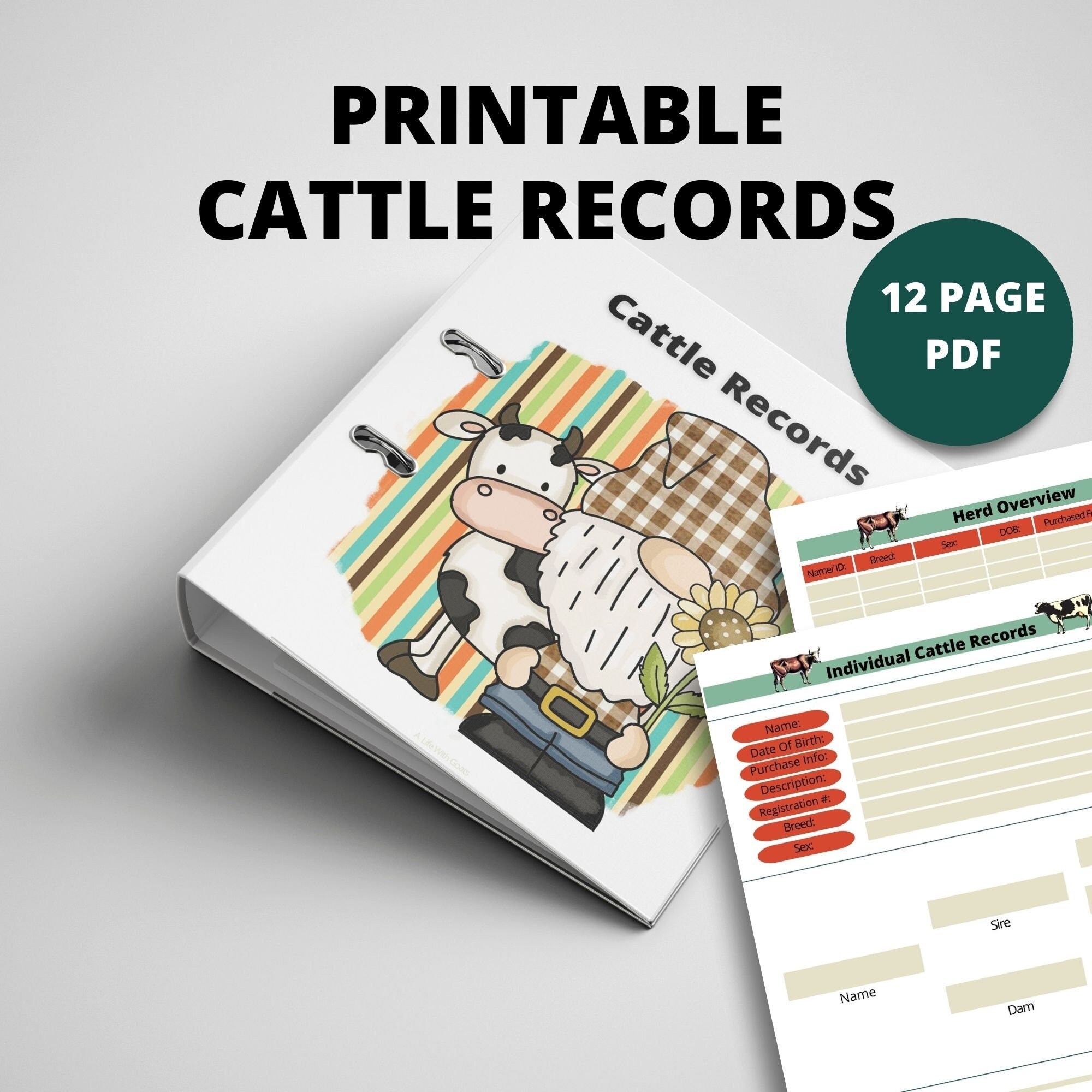 Printable Cattle Records Book Instant Download 8.5x11 PDF Homestead