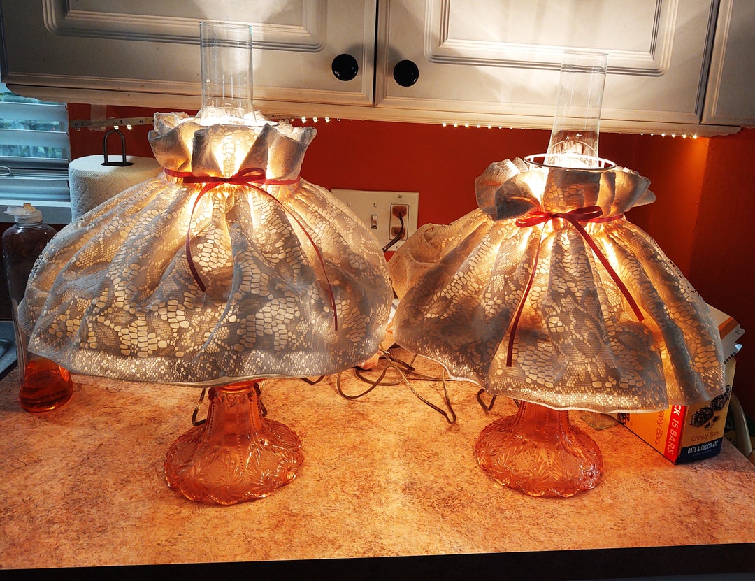 2 Pink Depression Glass Oil Lamps Electrified With Shades Etsy