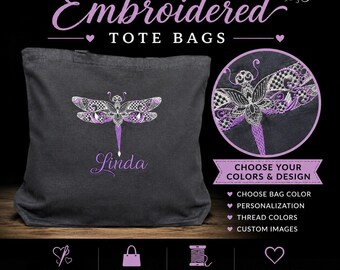 Custom Embroidered Canvas Tote Bag, Personalized Tote Bag, Monogram Bag, Custom Name & Design,Embroidered Gift for Her,Large 16x18 Tote