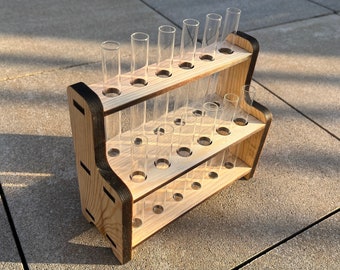 Test tube stand with 2 levels for 12 small test tubes (included). Handmade from recycled pine wood.