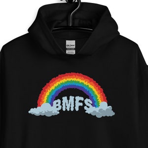 May include: Black hoodie with a rainbow and the text "BMFS" in white letters on a cloud.