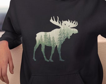 Moose Hoodie, Moose and Nature, Nature Lover Gift, Camping And Hiking, Forest Moose Hoodie, Unisex Caribou Wildlife Hoodie, Moose and Woods