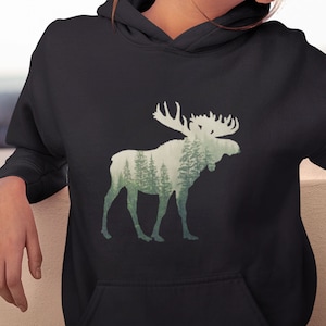 Moose Hoodie, Moose and Nature, Nature Lover Gift, Camping And Hiking, Forest Moose Hoodie, Unisex Caribou Wildlife Hoodie, Moose and Woods image 1