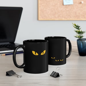 Halloween Puzzling Black Cat Yellow Eyes in the Dark 11oz Black Mug, Witchy Cat Eyes, Black Cat, Spooky Look, Graphic Design Eyes, Cat Lover