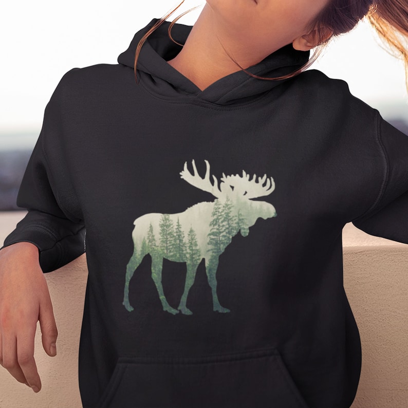 Moose Hoodie, Moose and Nature, Nature Lover Gift, Camping And Hiking, Forest Moose Hoodie, Unisex Caribou Wildlife Hoodie, Moose and Woods image 1