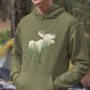 Moose Hoodie, Moose and Nature, Nature Lover Gift, Camping And Hiking, Forest Moose Hoodie, Unisex Caribou Wildlife Hoodie, Moose and Woods image 6