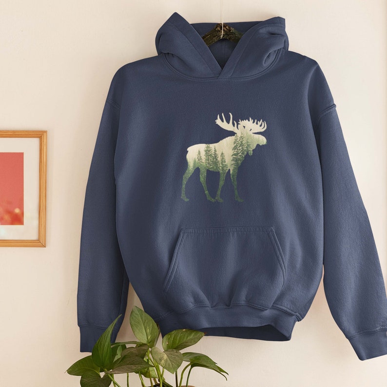 Moose Hoodie, Moose and Nature, Nature Lover Gift, Camping And Hiking, Forest Moose Hoodie, Unisex Caribou Wildlife Hoodie, Moose and Woods image 2