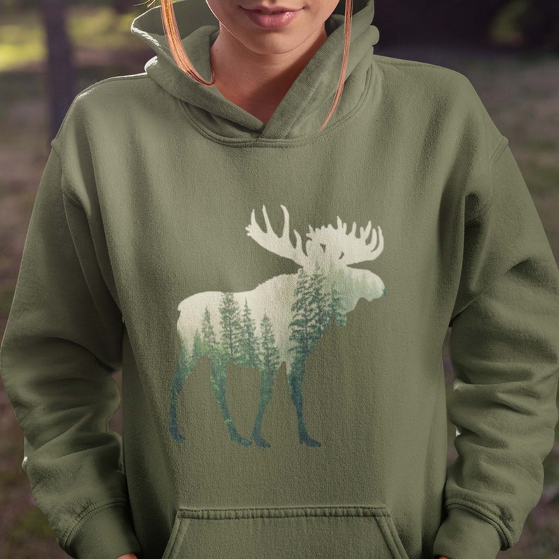 Moose Hoodie, Moose and Nature, Nature Lover Gift, Camping And Hiking, Forest Moose Hoodie, Unisex Caribou Wildlife Hoodie, Moose and Woods image 8