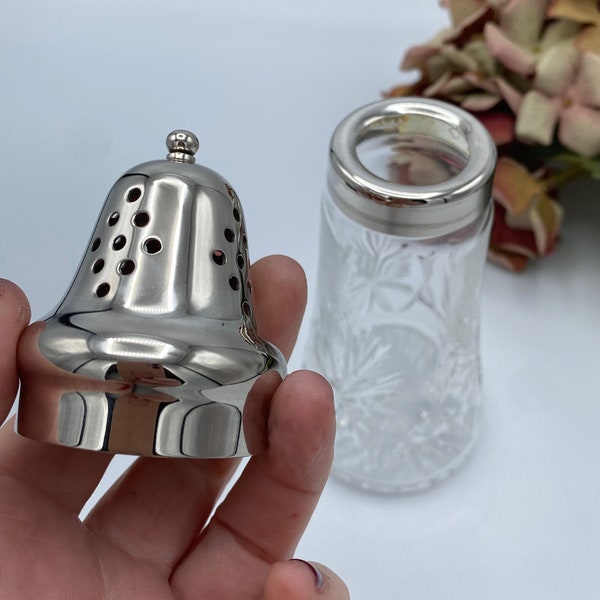 Vintage Decorative Sugar Shaker in Cut Glass with Silver Plated Lid & Collar - Retro Kitchen - Tablescaping