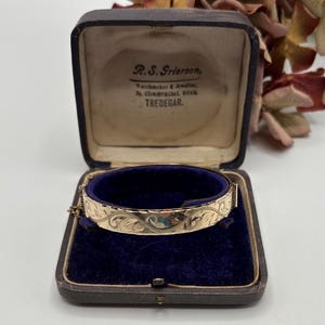 Vintage Rolled Gold Floral Engraved Bangle - Hinged with Safety Chain - 1950s Bracelet *Ref 50