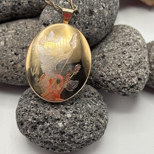 Vintage 12K Gold-Filled Oval Locket Necklace | Enamel-Style Fairy, Blossoms & Butterflies | With Twisted Rope Chain
