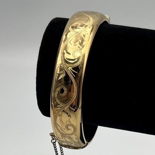 Vintage Walzgold Armreif - Walzgold Verzierte Scharnieröffnung - Circa 1950/1960 - Graviertes Blattdesign