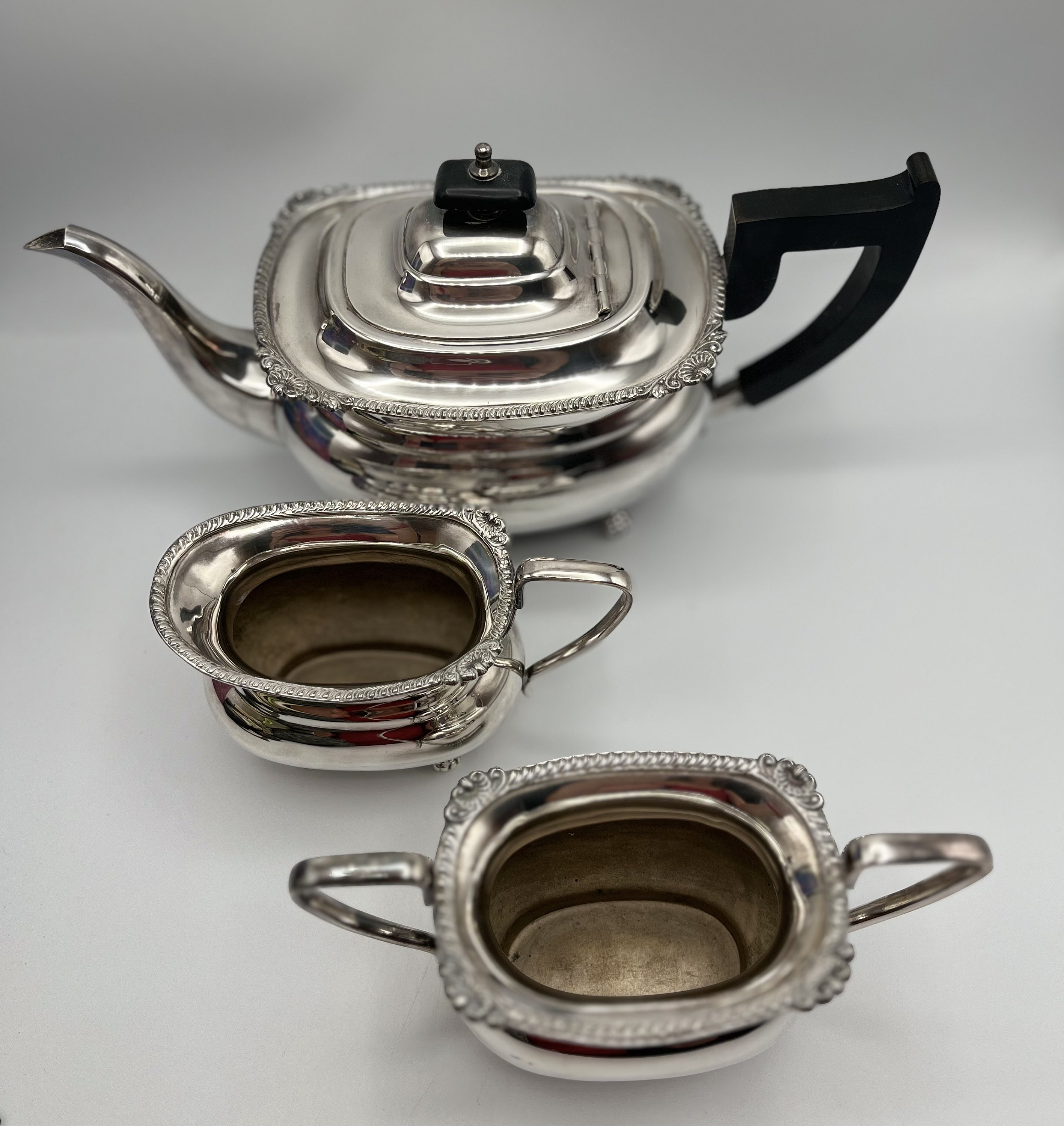Antique Silver Plated Tea Set: Sheffield England, Scroll Handles