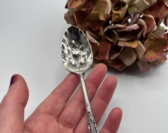 Cuchara vintage plateada para bayas: diseño de fruta repujada ornamentada