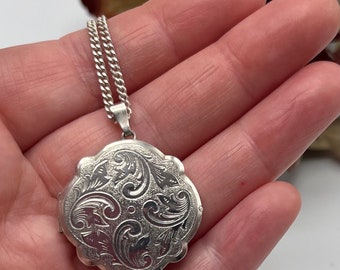 Vintage Sterling Silver Locket and Chain -  Hallmarked  1977 Birmingham England  - Scroll Etched Pattern Design