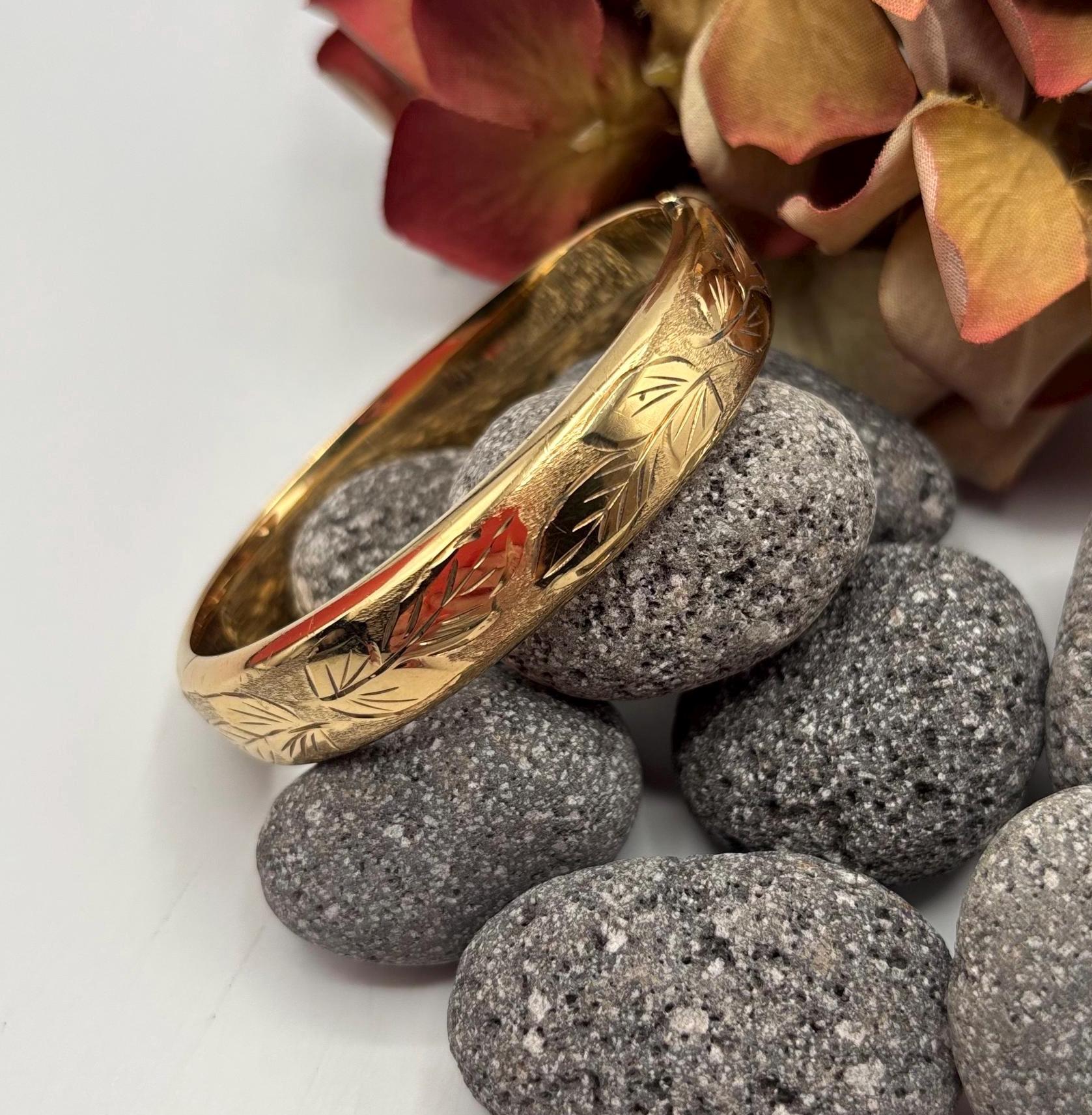 Elegant Vintage Rolled Gold Bangle | Excalibur for Harrods London | Mid Century Etched Foliate Design | Gift Ready * Ref 53