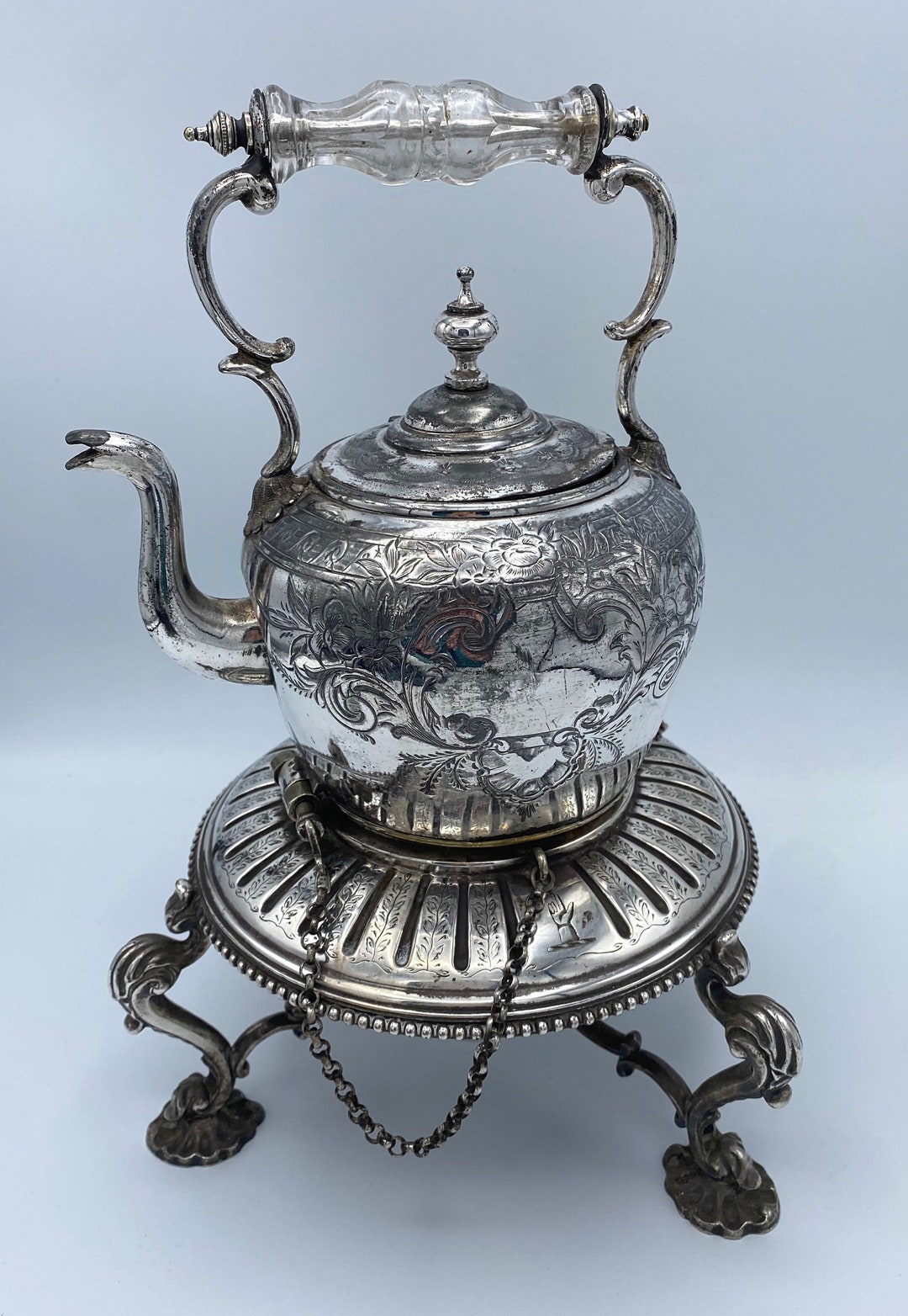 Rare Antique Silver Plated Spirit Kettle/ Teapot With Stand and Burner/ Warmer Legged Stand