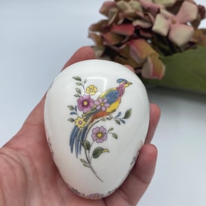 Rare English ‘Coalport ’ Fine Bone China Porcelain Egg Shaped Trinket Box with Removable Lid made in Staffordshire UK.  Paradise No. 22